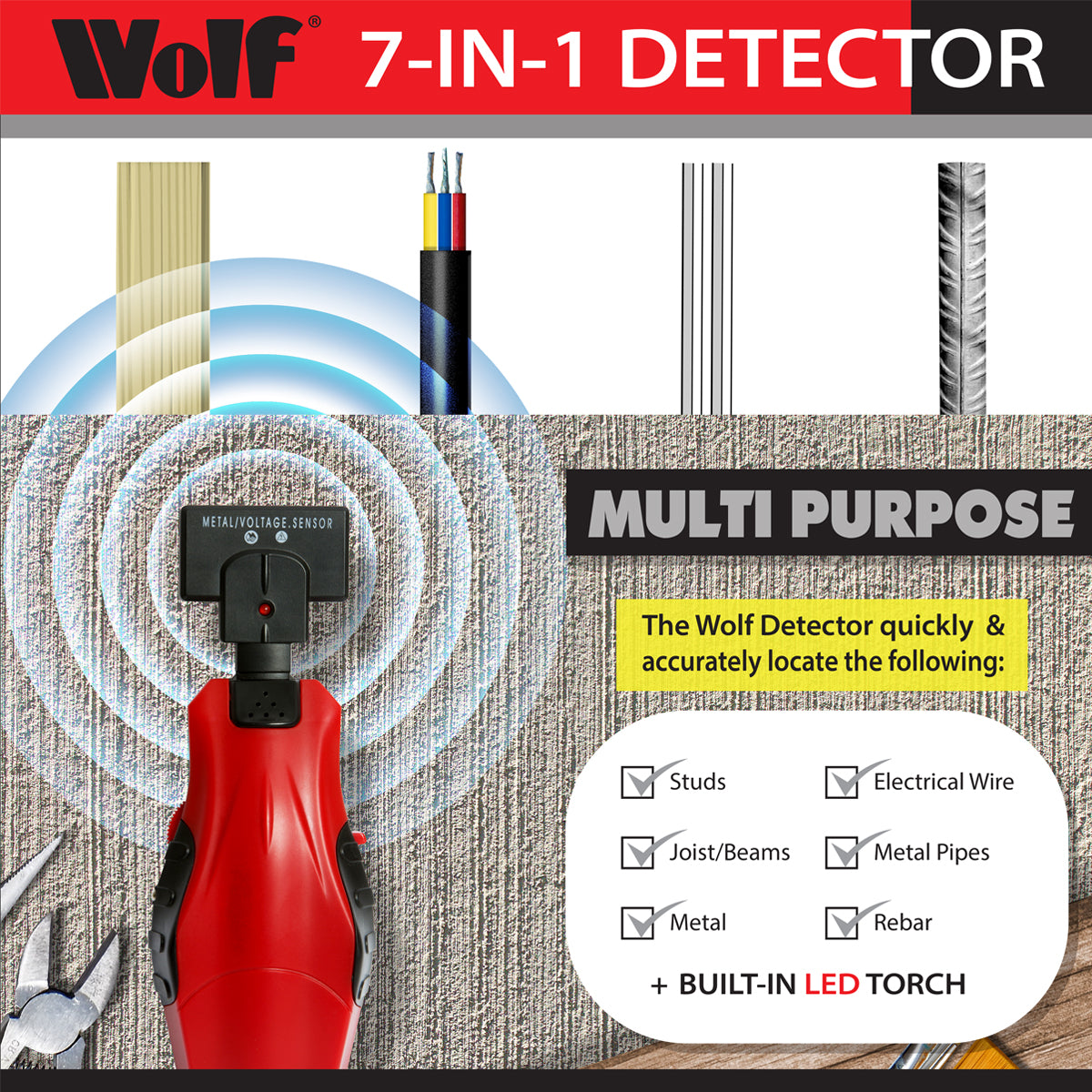 Wolf 7 in 1 Metal / Stud / AC Live Wire / Pipe Detector