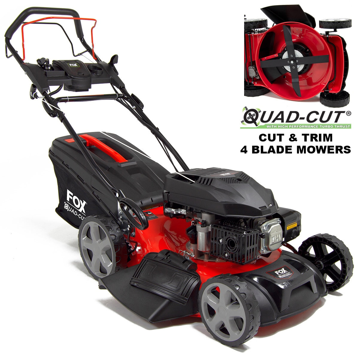 Ex Display Fox Quad-Cut 20" Electric Start Self Propelled Petrol Lawn Mower - Image 1