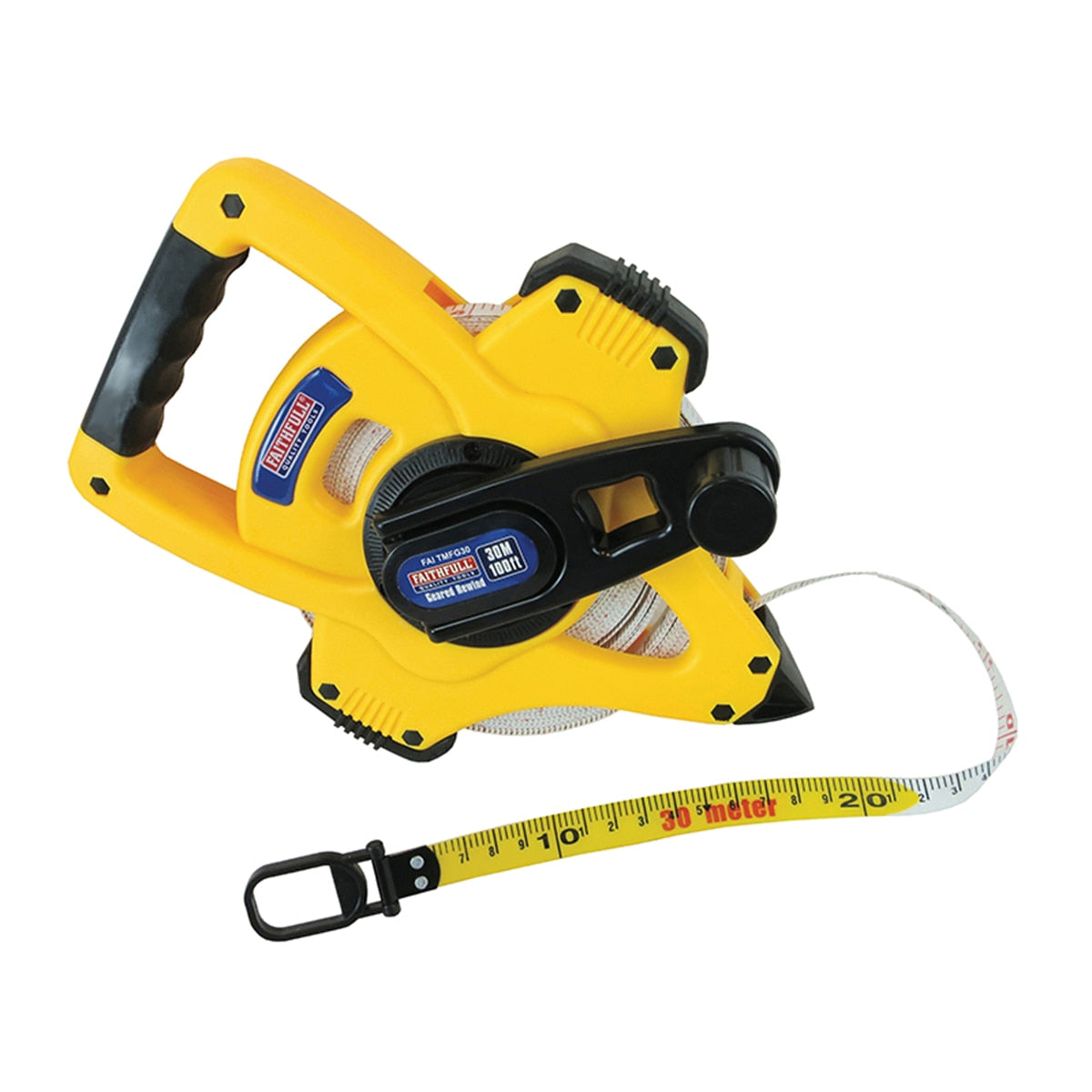 Faithfull Geared Fibreglass Measuring Tape 30m/100ft (Width 15mm) - FAITMFG30 - Image 1