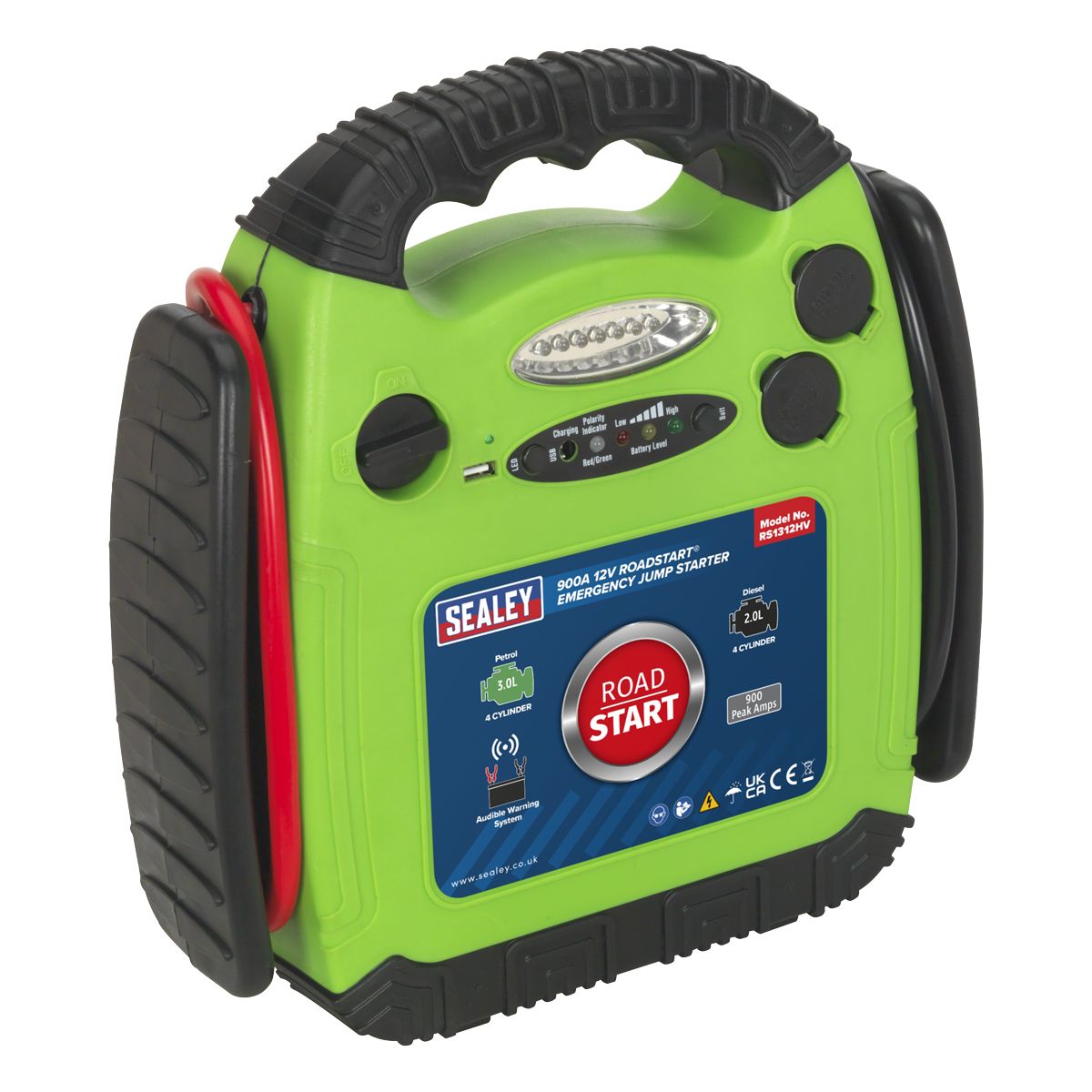 Sealey RoadStart Emergency Jump Starter 12V 900 Peak Amps Hi-Vis Green - Image 2