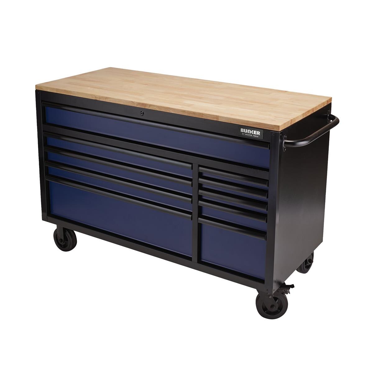 BUNKER Workbench Roller Tool Cabinet, 10 Drawer, 56", Blue - Image 1