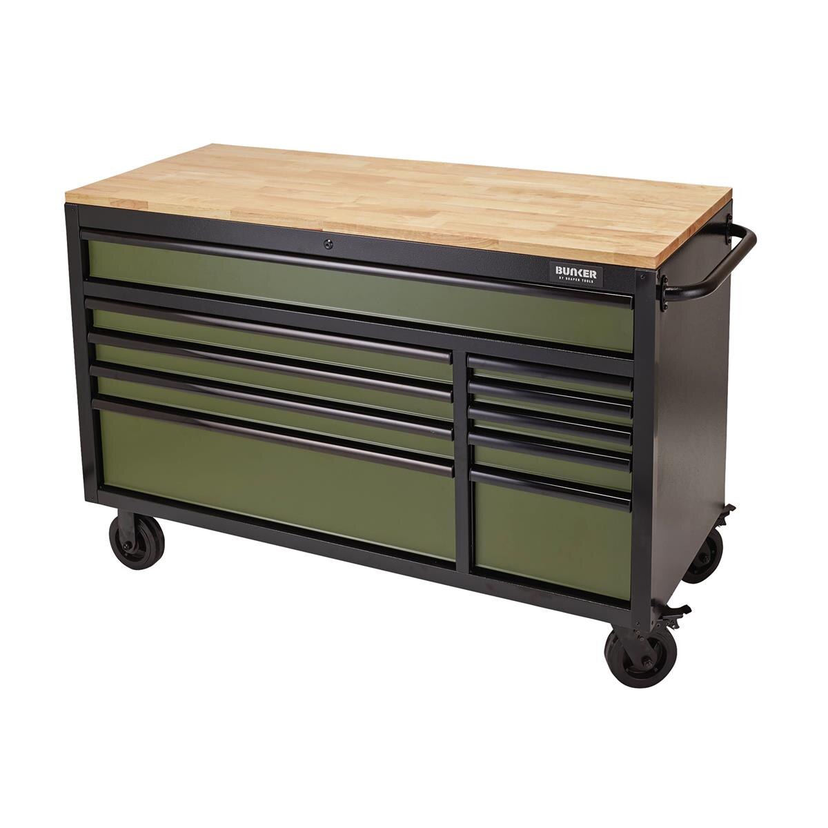 BUNKER Workbench Roller Tool Cabinet, 10 Drawer, 56", Green - Image 1