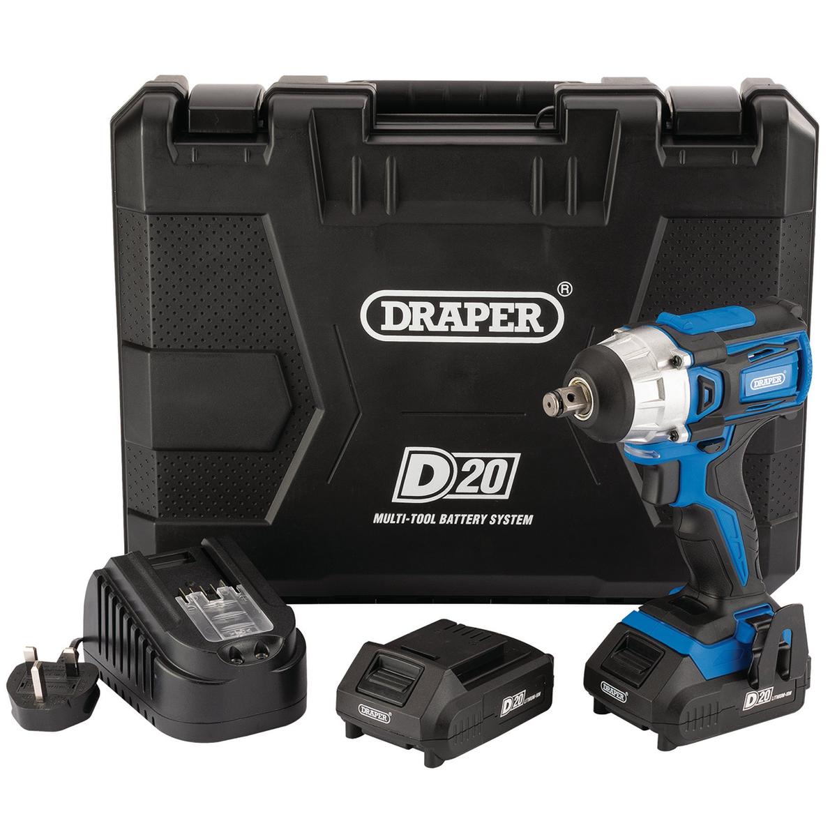 Draper D20 20V Brushless Impact Wrench, 1/2" Sq. Dr., 250Nm, 2 x 2.0Ah Batteries, 1 x Charger - Image 1