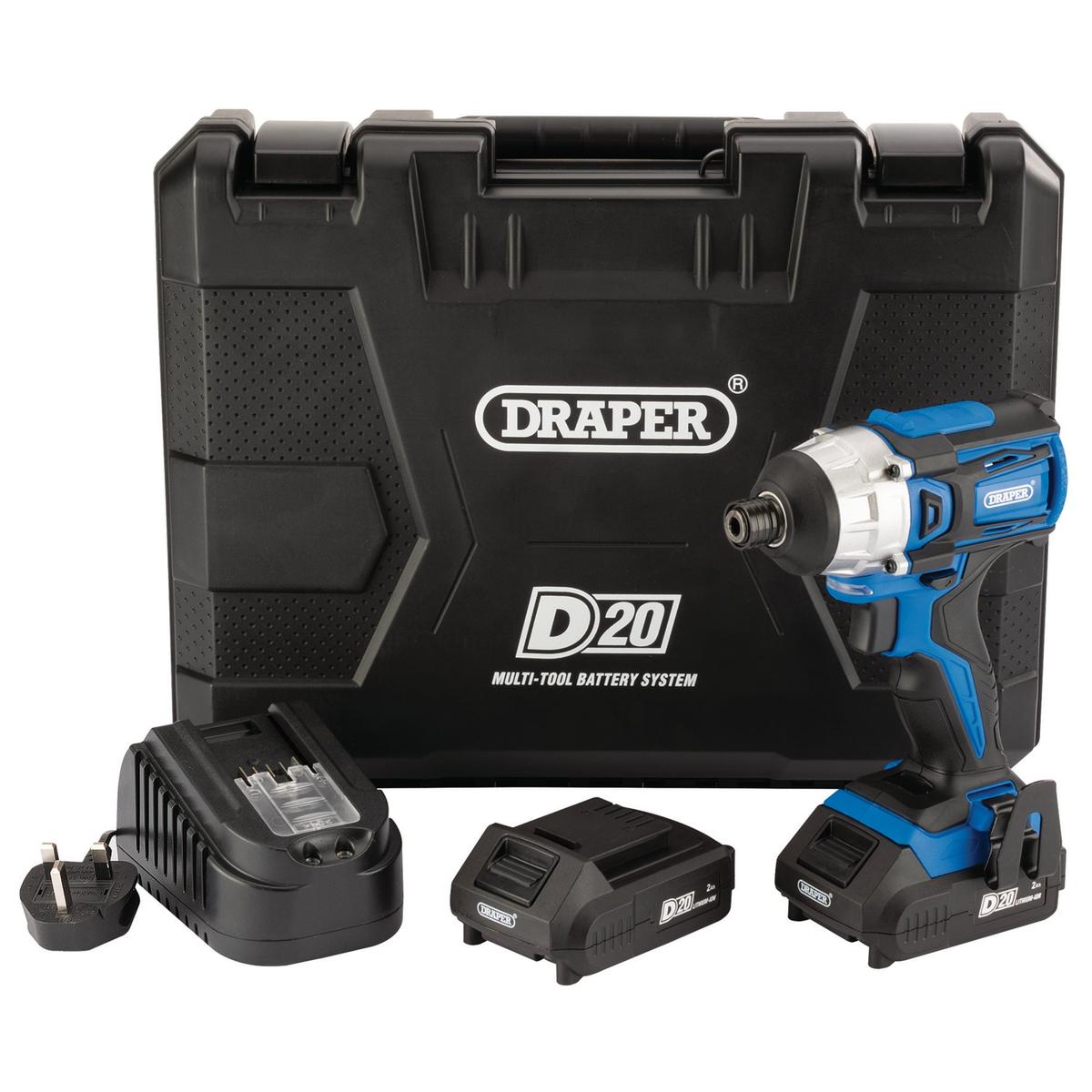 Draper D20 20V Brushless Impact Driver, 1/4" Hex, 180Nm, 2 x 2.0Ah Batteries, 1 x Charger - Image 1