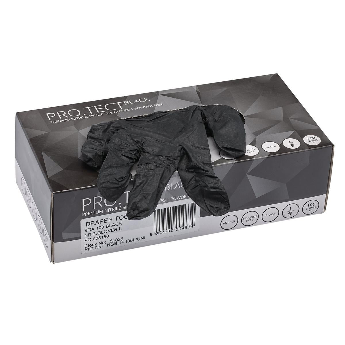 Draper Nitrile Gloves, Large, Black (Pack of 100) - Image 1