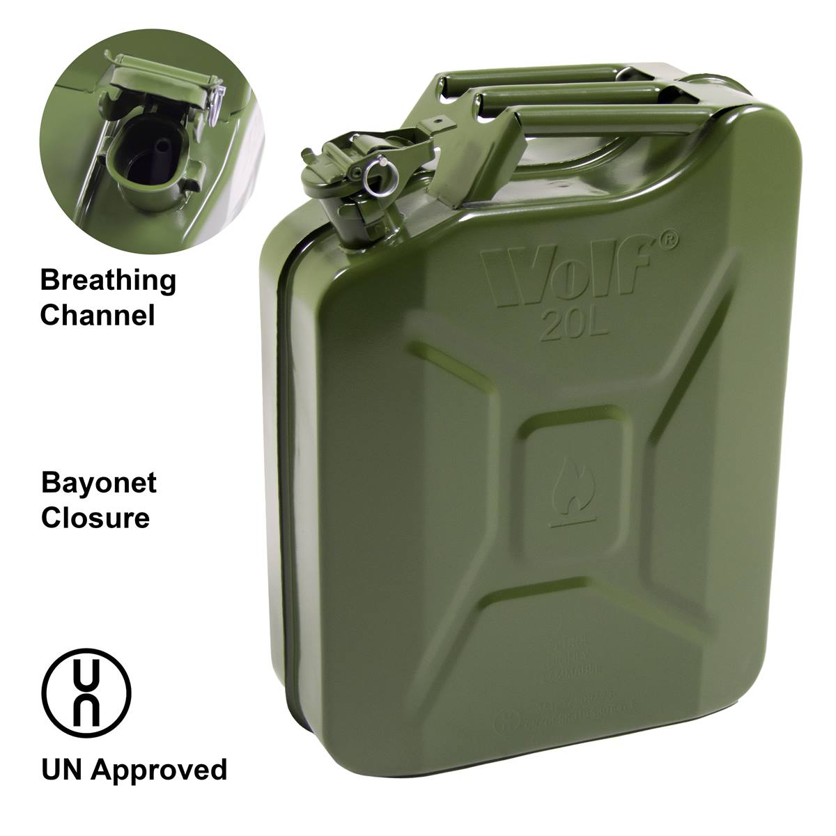 Wolf 20L Metal Jerry Can with Leak-Proof Bayonet Closure - Army Green - Image 2