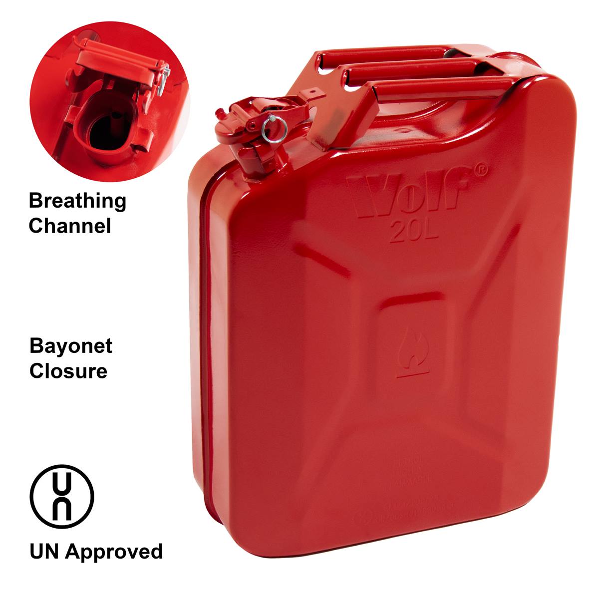 Wolf 20L Metal Jerry Can with Leak-Proof Bayonet Closure - Vibrant Red - Image 2