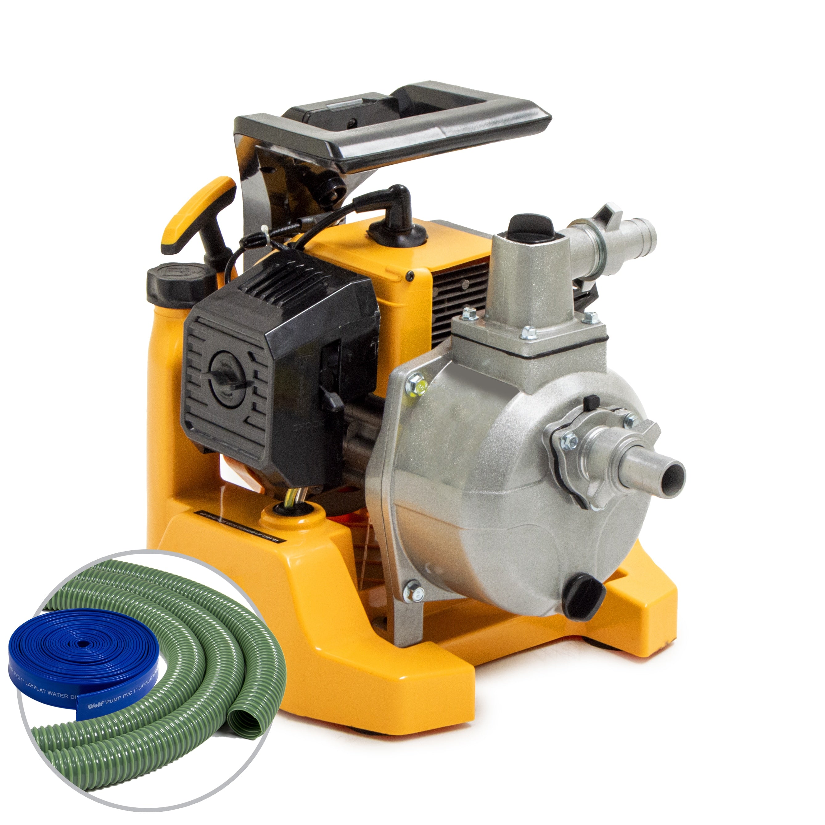 Wolf 2-Stroke Petrol 1" Water Pump + 5m Fast Flow & 10 Layflat Delivery Hoses - Image 1