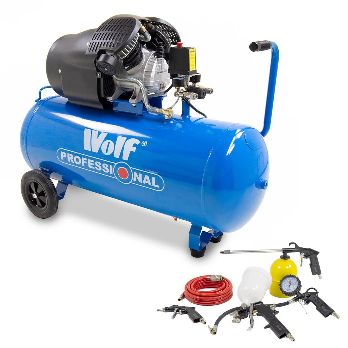 Wolf Pro Cheyenne 100L Air Compressor W/ 5pc Air Tool Kit - Image 1