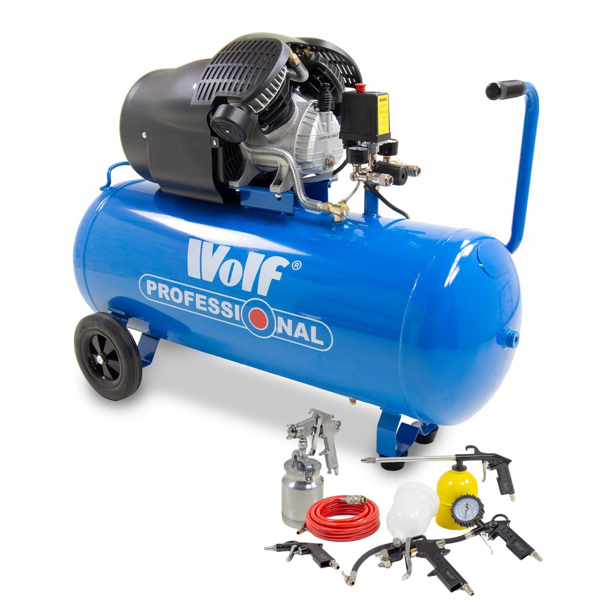 Wolf Pro Cheyenne 100L Air Compressor W/ 6pc Pro Air Tool Kit - Image 1