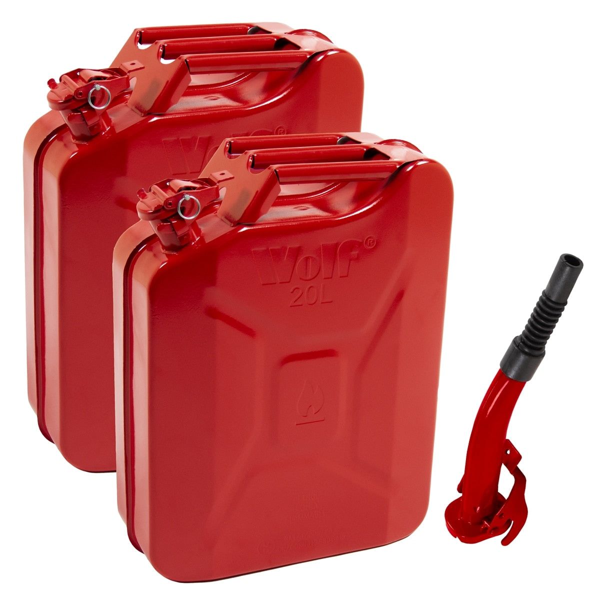 2 x Wolf 20L Metal Jerry Can & 1 x Pouring Spout - Image 1