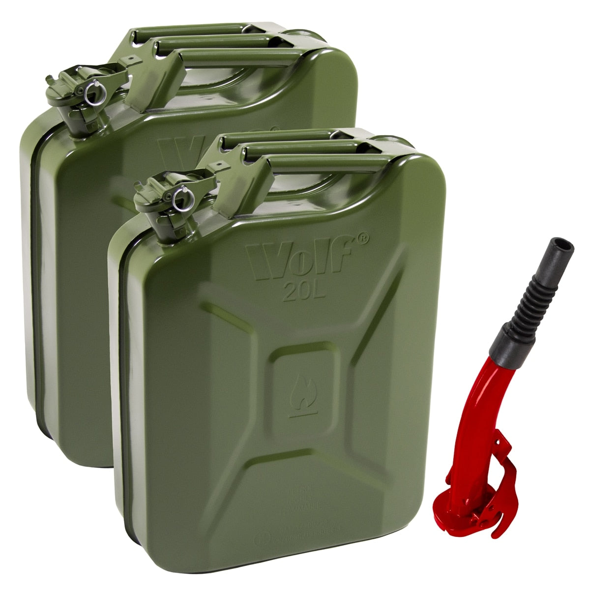 2 x Wolf 20L Metal Jerry Cans & 1 x Pouring Spout - Image 1