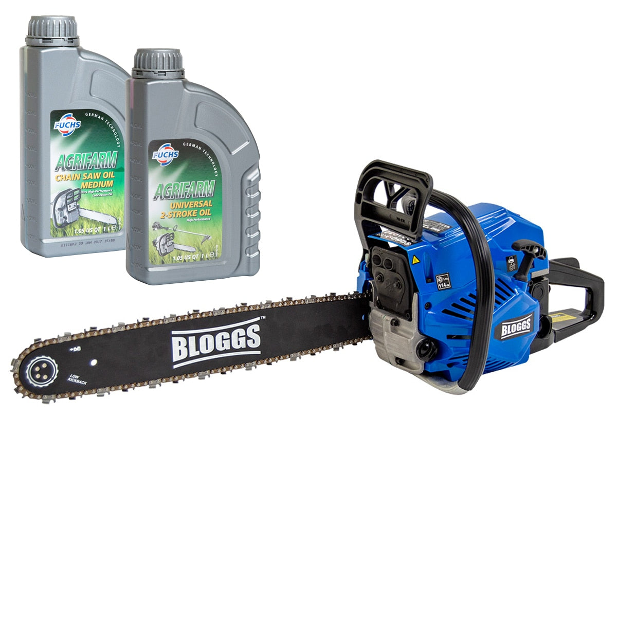 Bloggs 20'' Petrol Chainsaw 58cc Easy Start + Chain Oil & 2-Stroke Oil - Image 1