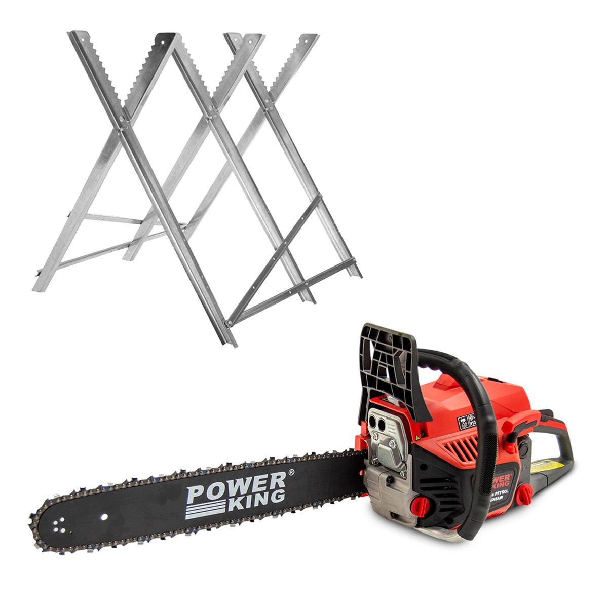 PowerKing 20'' Petrol Chainsaw 52cc Easy Start + Folding Log Saw Horse Stand - Image 1