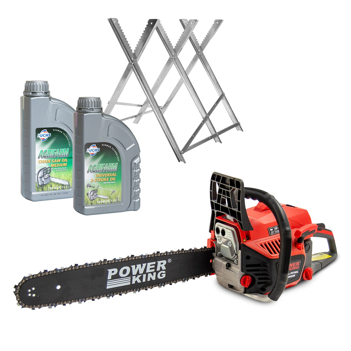 PowerKing 20'' Petrol Chainsaw 52cc + Chain Oil, 2-Stroke Oil & Log Saw Horse - Image 1