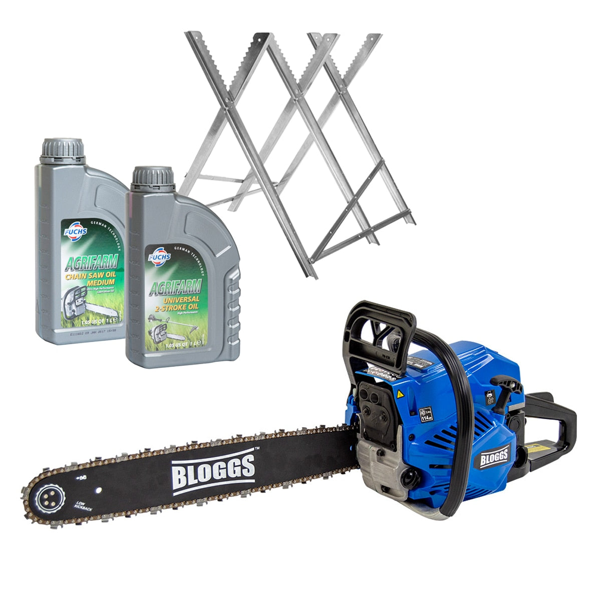 Bloggs 20'' Petrol Chainsaw 58cc + Chain Oil, 2-Stroke Oil & Log Saw Horse - Image 1