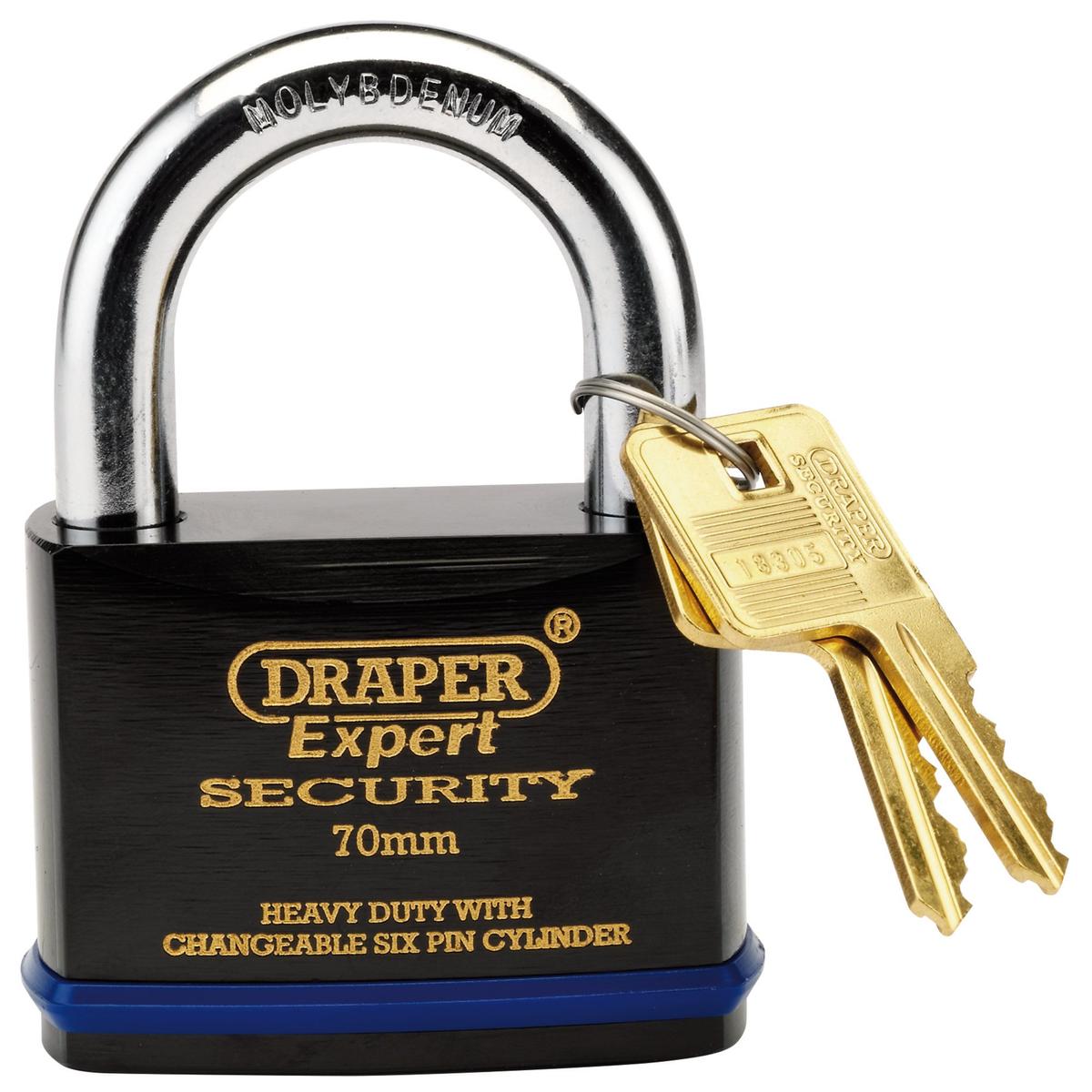 Draper Expert Heavy Duty Padlock and 2 Keys with Super Tough Molybdenum Steel Shackle, 70mm - Image 1