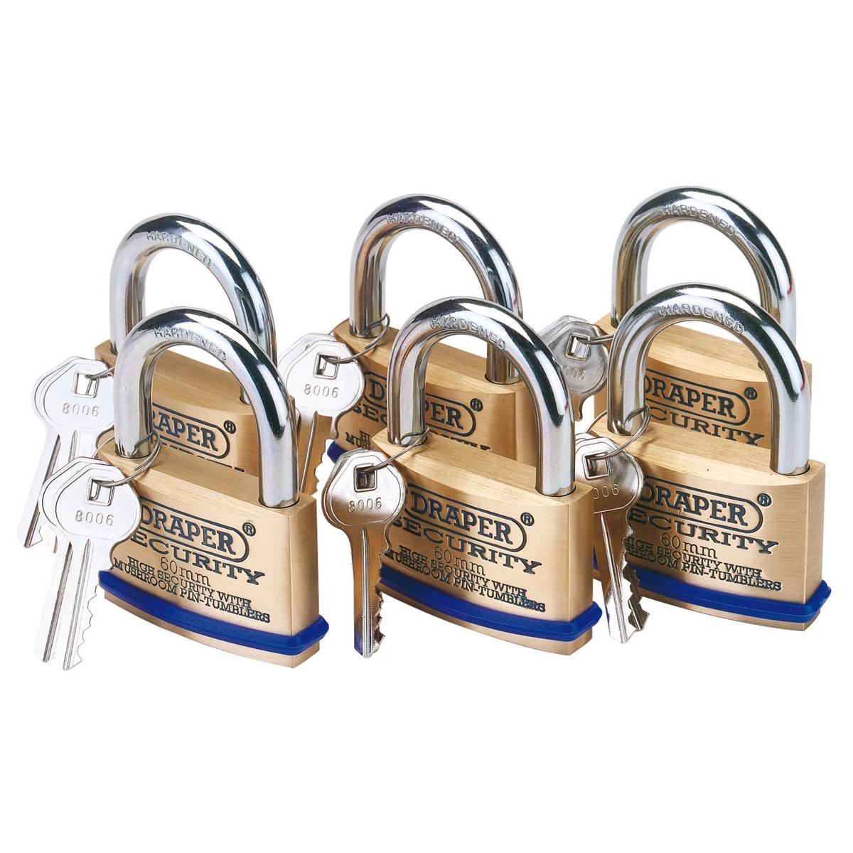 Draper Solid Brass Padlocks with Hardened Steel Shackle, 60mm (Pack of 6) - Image 1