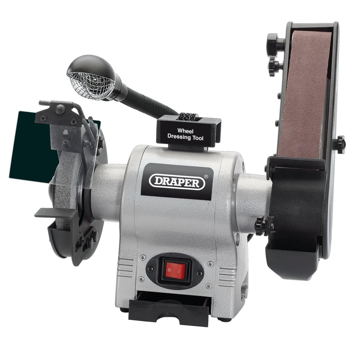 Draper Bench Grinder with Sanding Belt and Work light, 150mm, 370W - Image 1