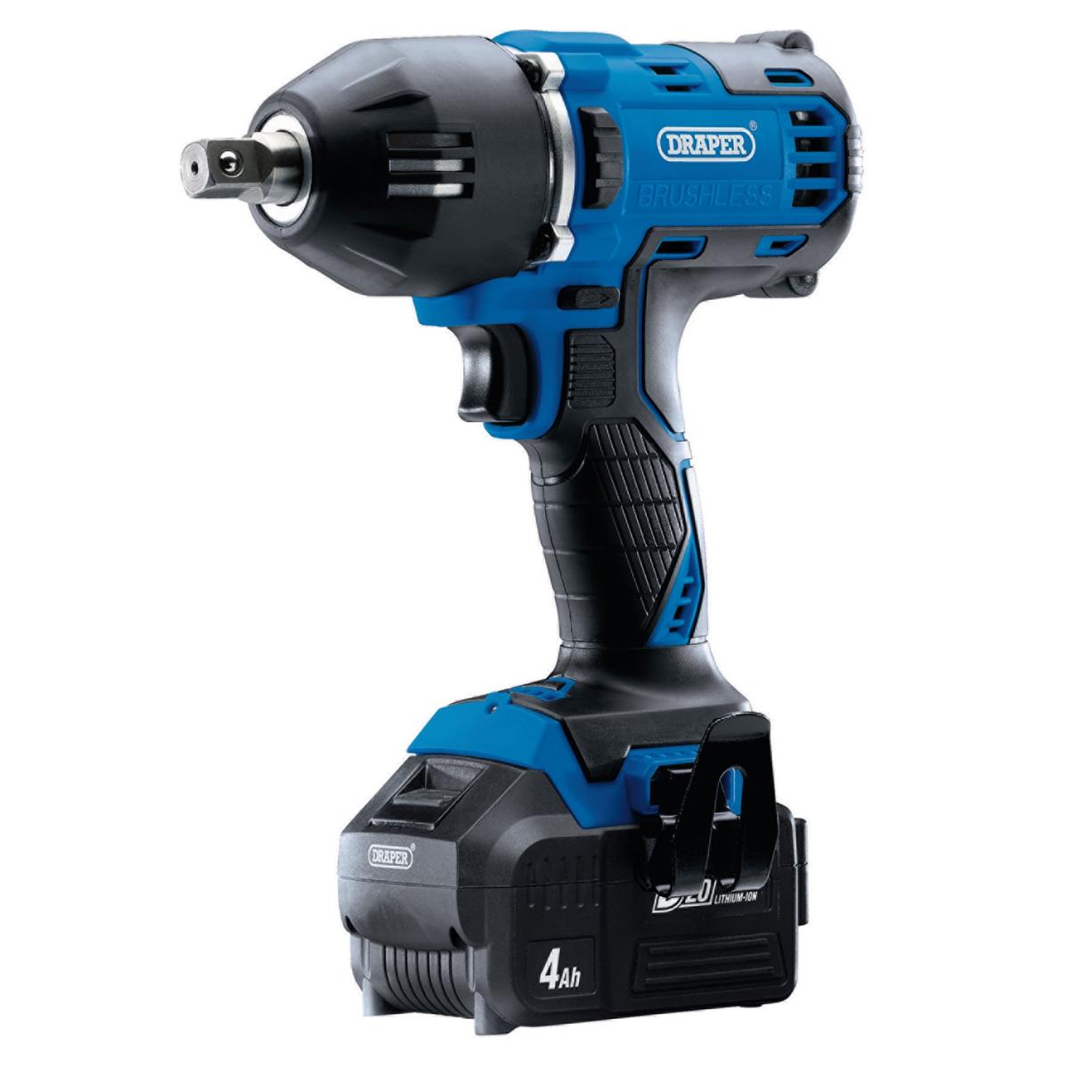 Draper D20 20V Brushless Mid-Torque Impact Wrench, 1/2" Sq. Dr., 400Nm, 2 x 4.0Ah Batteries, 1 x Charger - Image 1