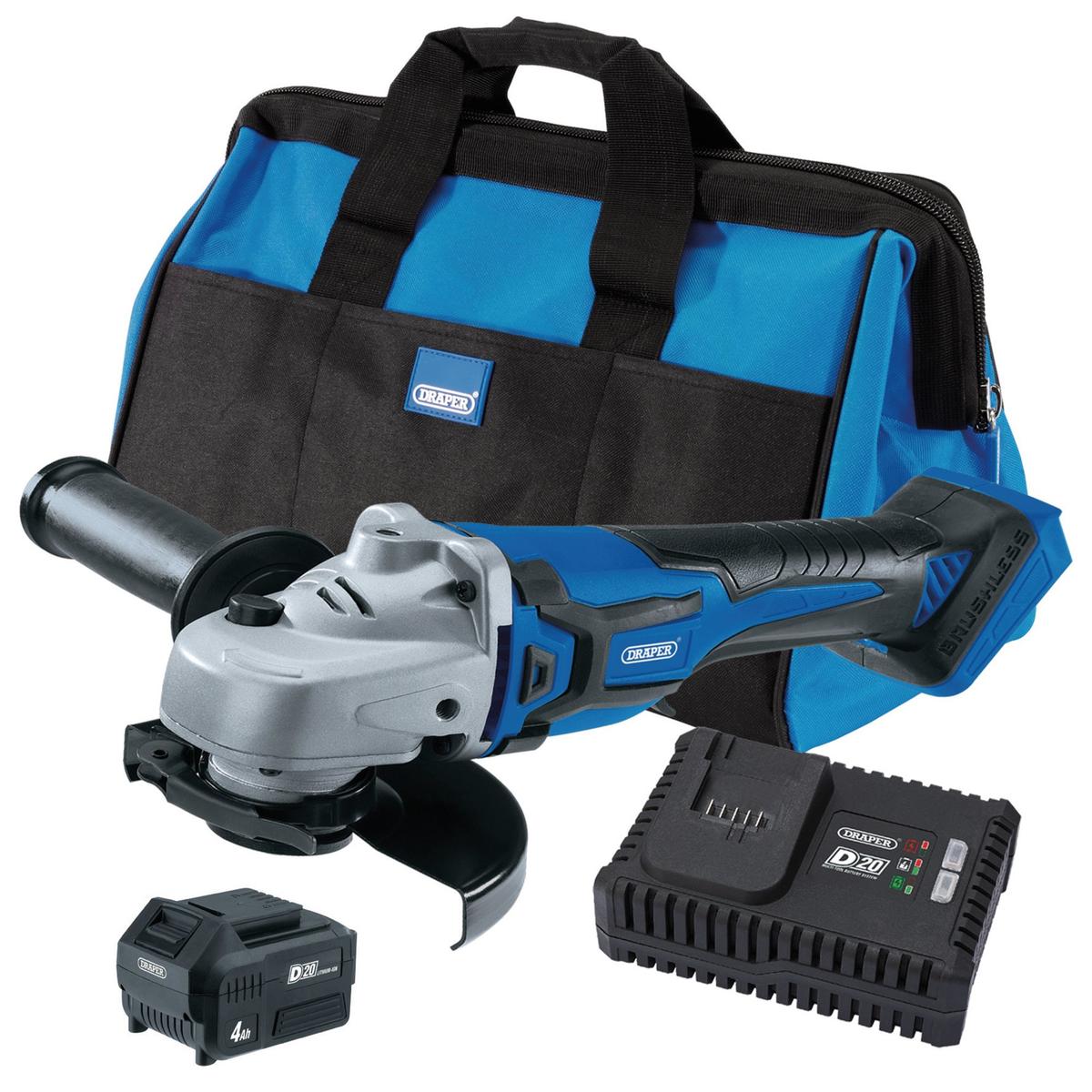 Draper D20 20V Angle Grinder Kit, 1 x 4.0Ah Battery, 1 x Fast Charger in 28L Tool Bag - Image 1