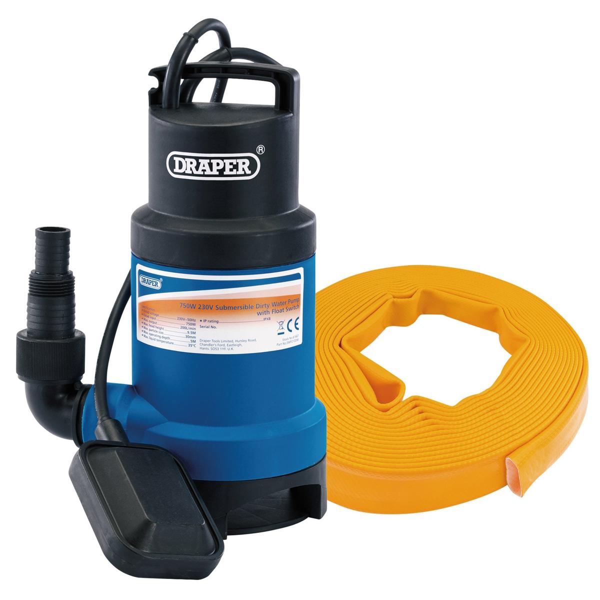 Draper Submersible Dirty Water Pump Kit with Layflat Hose & Adaptor, 200L/Min, 10m x 25mm, 350W - Image 1