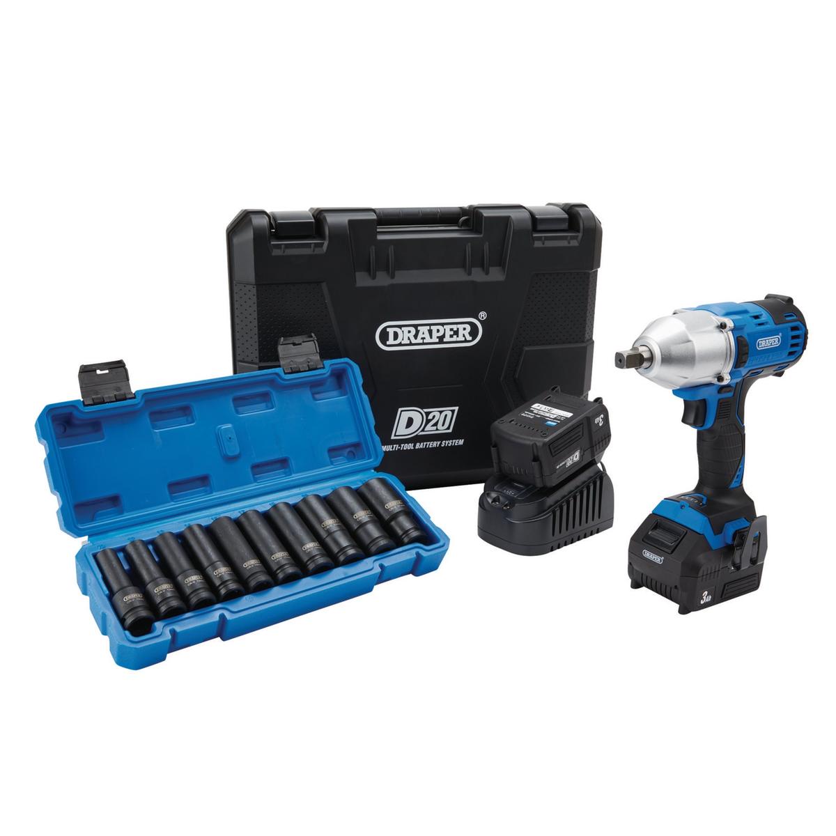 Draper D20 20V Brushless Mid-Torque Impact Wrench Kit, 1/2" Sq. Dr, 400Nm, & Metric Socket Set - Image 1