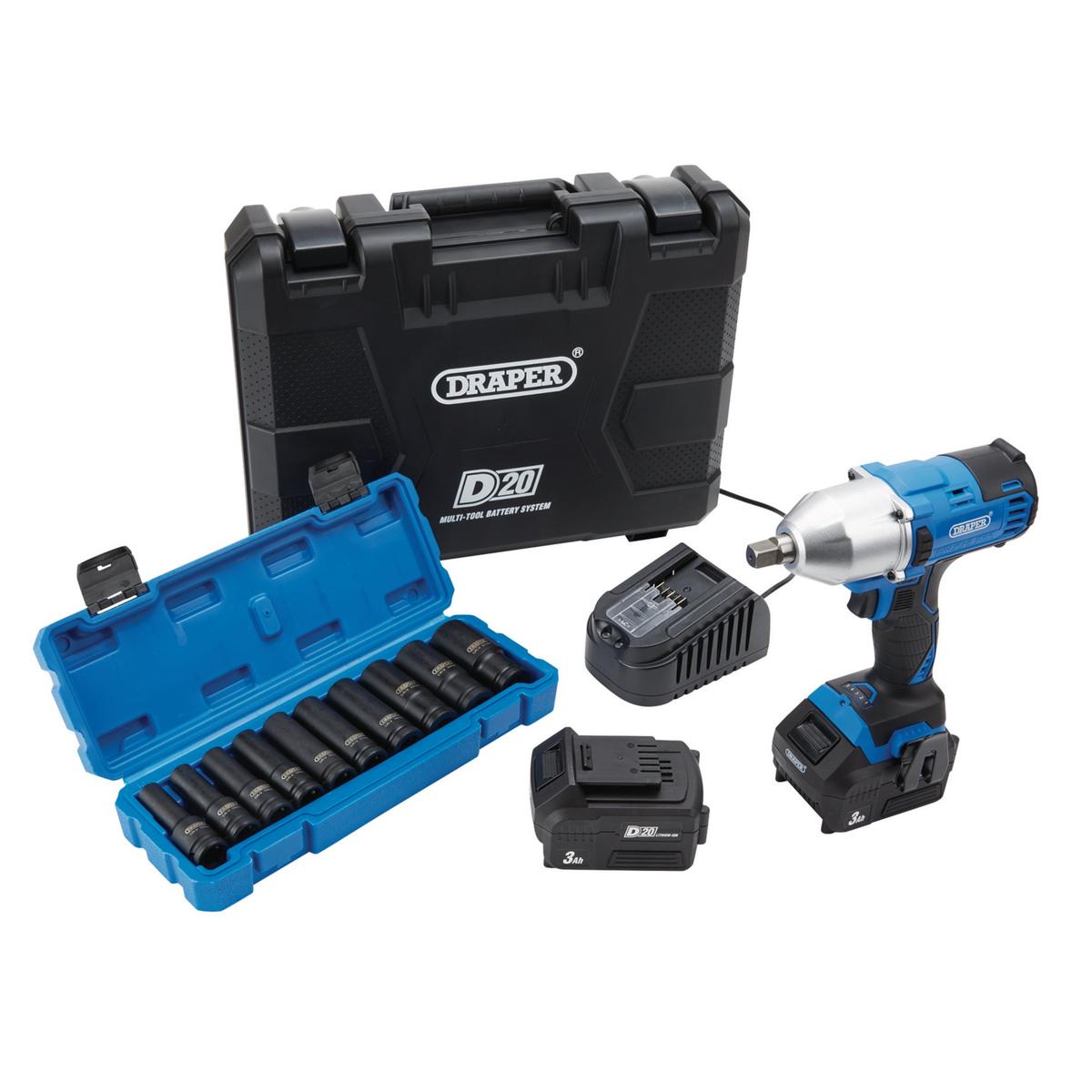 Draper D20 20V Brushless Mid-Torque Impact Wrench Kit, 1/2" Sq. Dr, 400Nm, & Metric Socket Set - Image 2