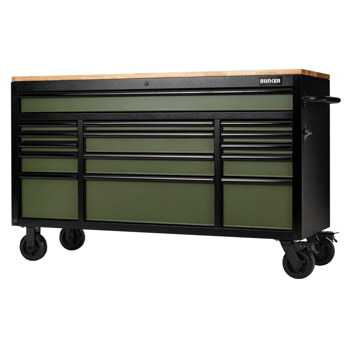 BUNKER 15 Drawer Workbench Roller Tool Cabinet, 61", Green - Image 1