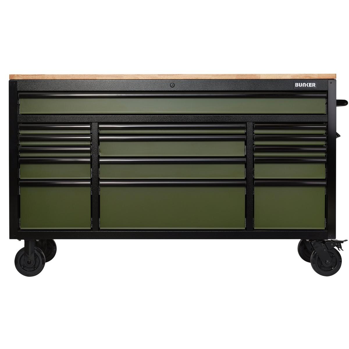 BUNKER 15 Drawer Workbench Roller Tool Cabinet, 61", Green - Image 2