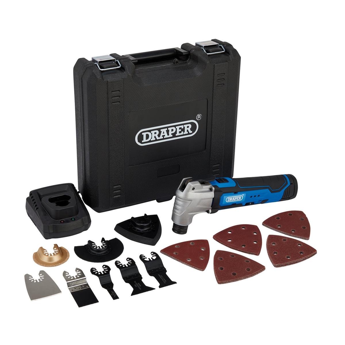 Draper 12V Oscillating Multi-Tool (33 Piece), 1 x Battery, 1.5Ah, 1 x Fast Charger - Image 1