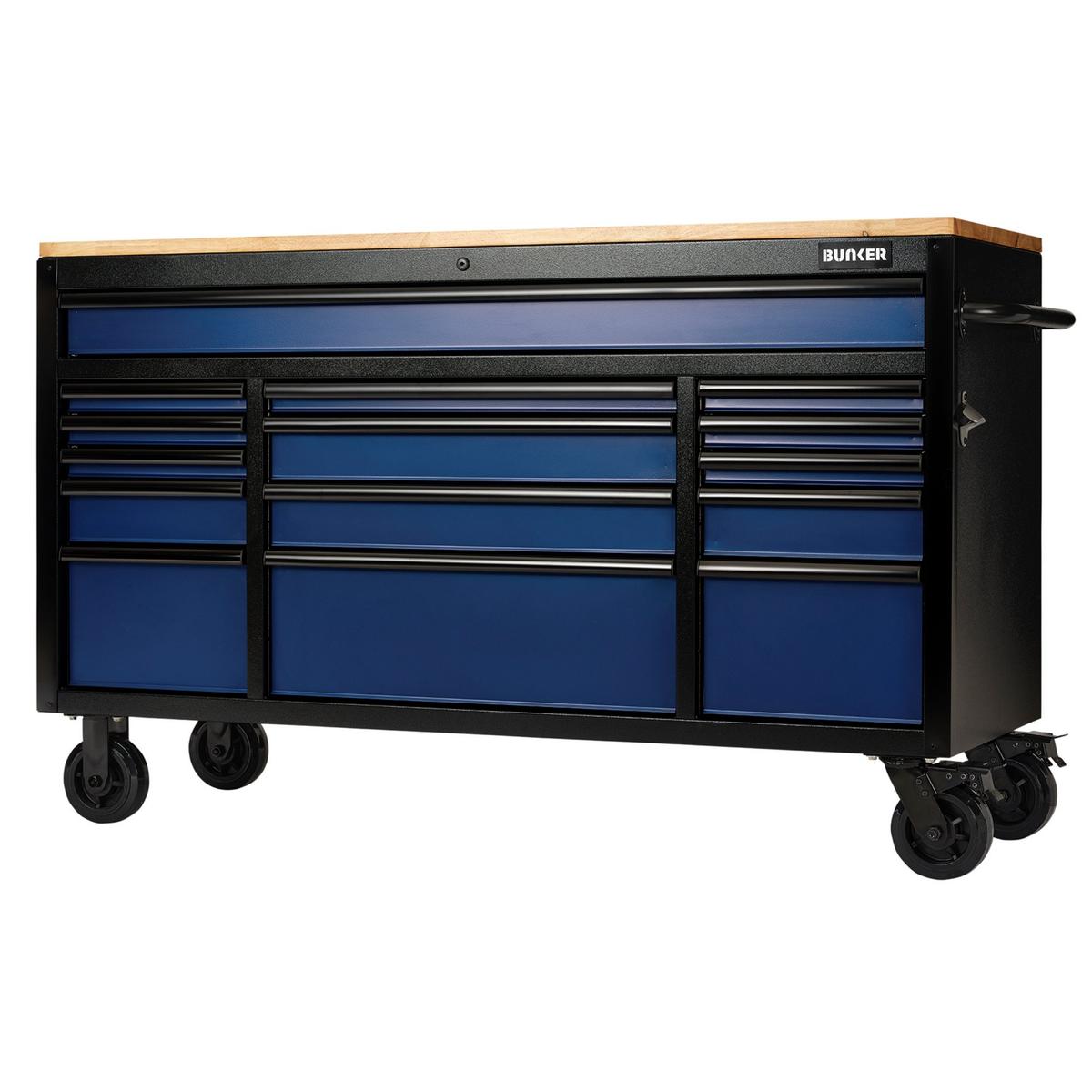 BUNKER 15 Drawer Workbench Roller Tool Cabinet, 61", Blue - Image 1