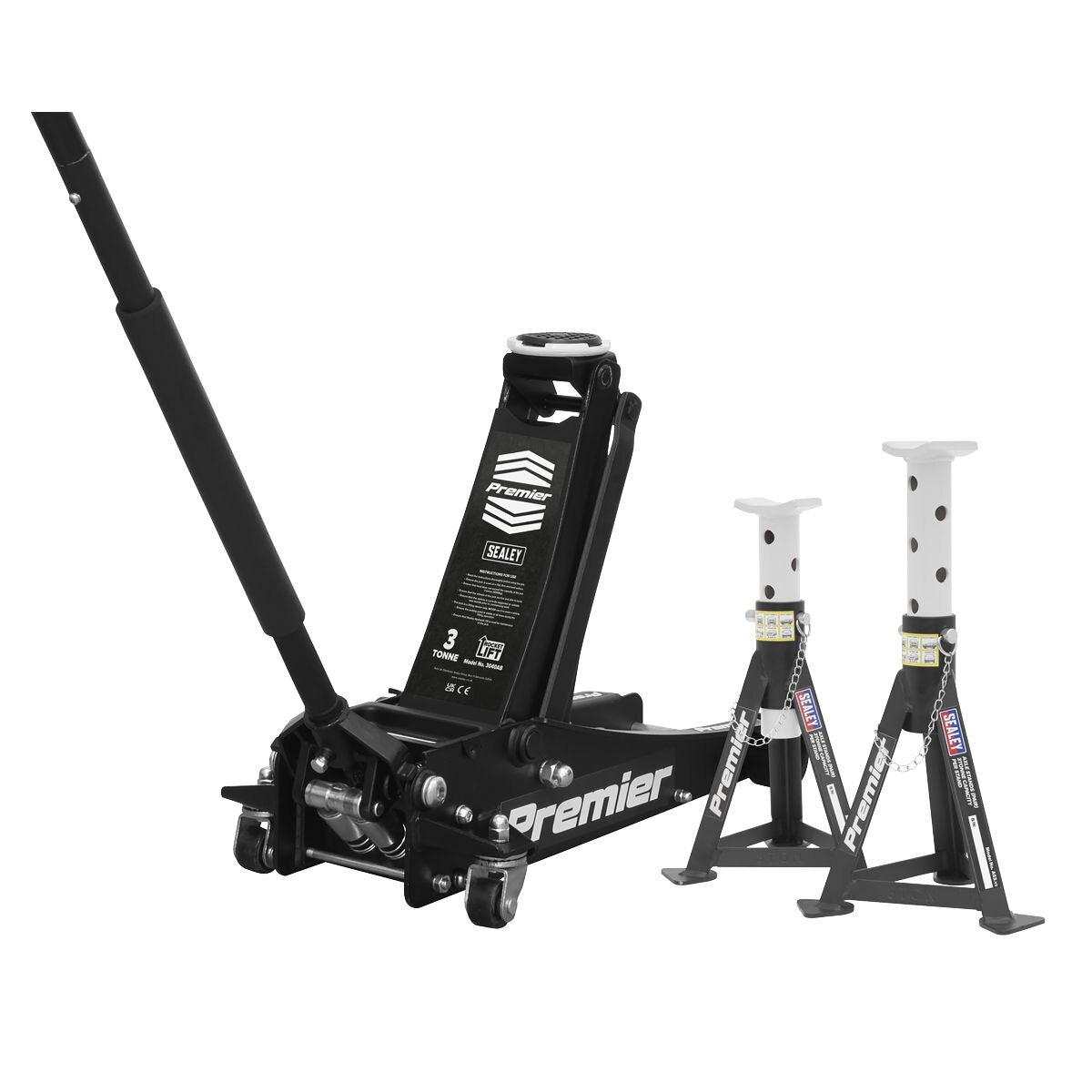 Sealey Premier Trolley Jack 3 Tonne & Axle Stands (Pair) 3 Tonne per Stand Combo - Image 1