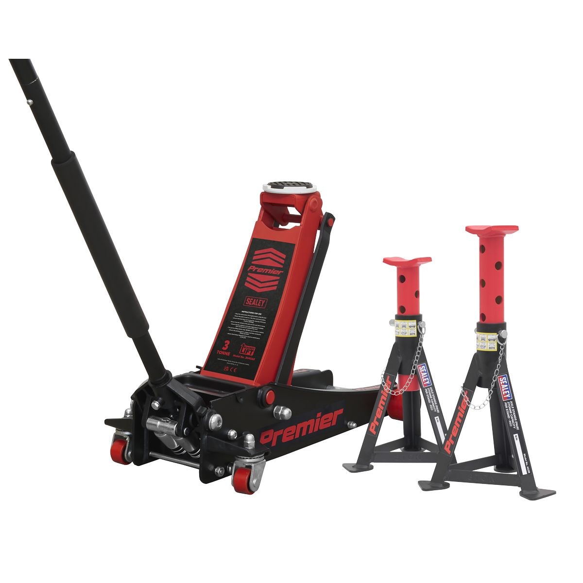 Sealey Trolley Jack 3 Tonne & Axle Stands (Pair) 3 Tonne per Stand Combo - Image 1