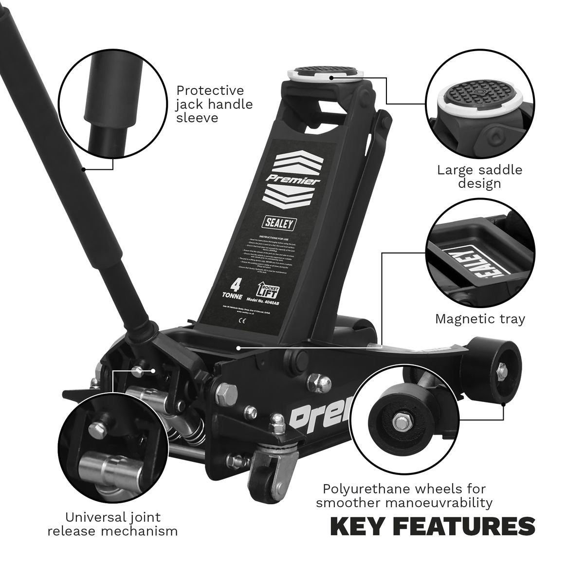 Sealey Premier Low Profile Trolley Jack with Rocket Lift 4 Tonne - Black - Image 8