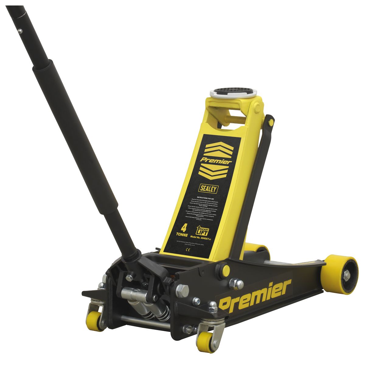 Sealey Premier Low Profile Trolley Jack with Rocket Lift 4 Tonne - Yellow - Image 1