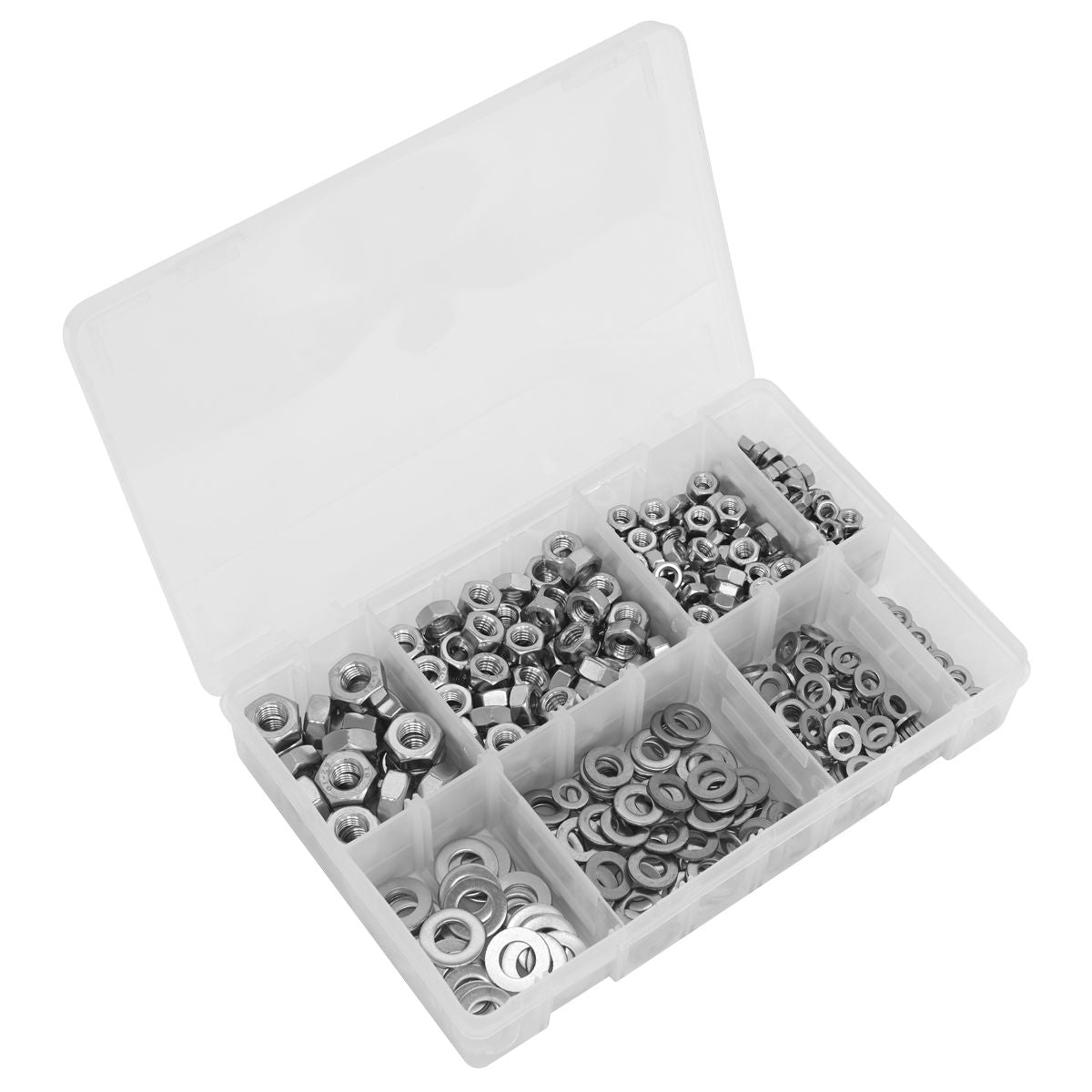 Sealey Stainless Steel Nut and Washer Assortment M5-M10 500pc - Image 1