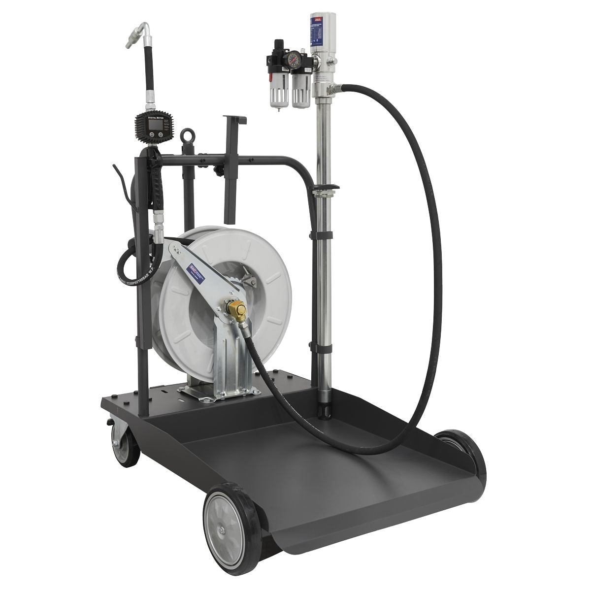 Sealey Air Operated Oil Dispensing System with 10m Retractable Hose Reel - Image 1