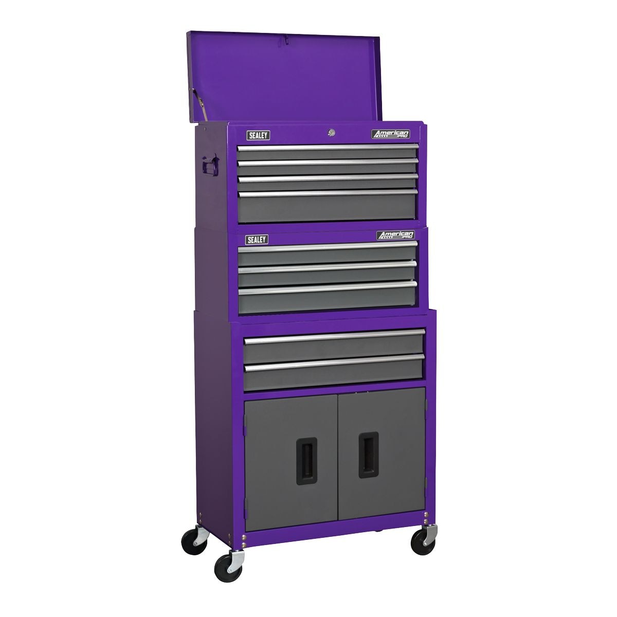 Sealey American PRO Topchest, Mid-Box Tool Chest & Rollcab Stack 9 Drawer - Purple - Image 1