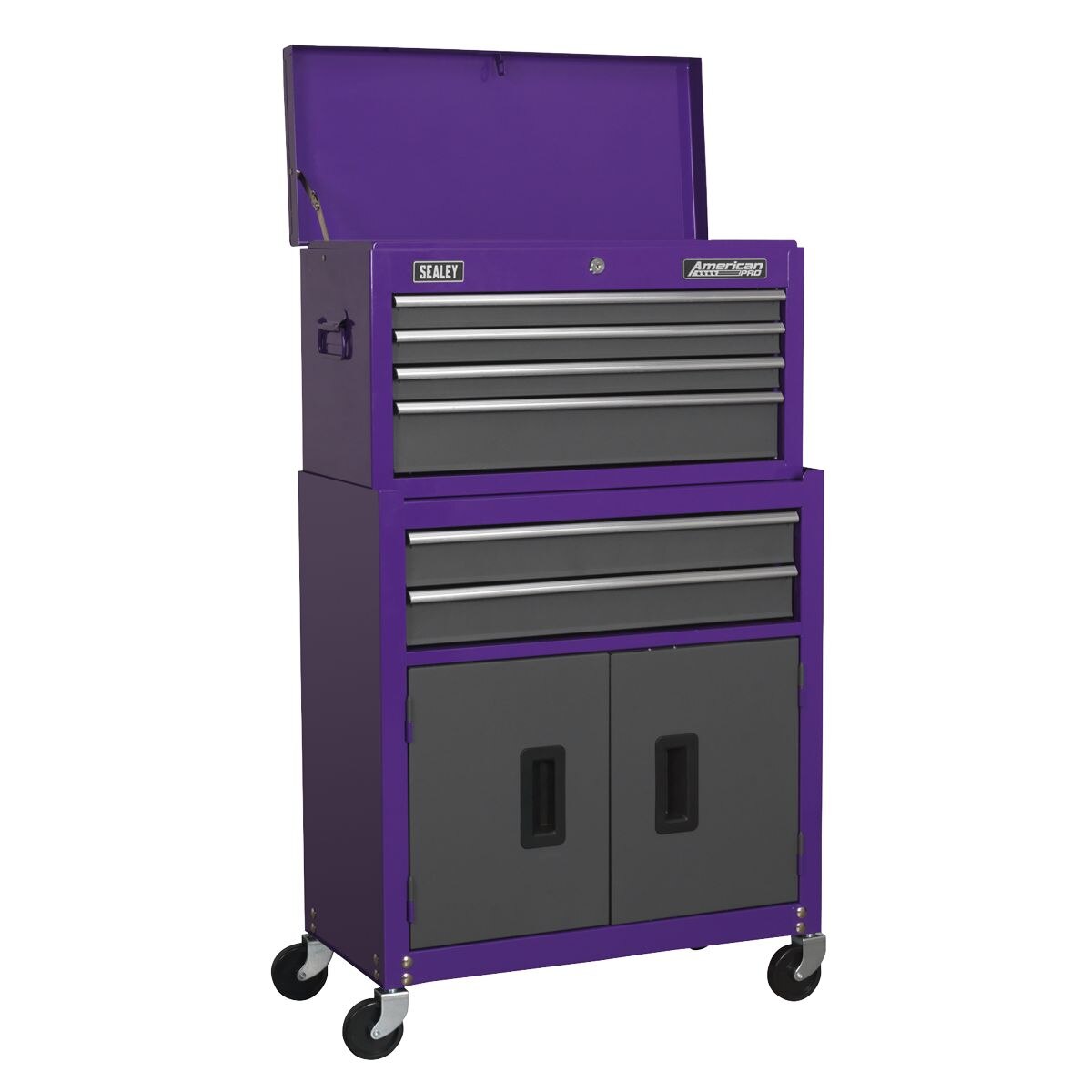 Sealey American PRO Topchest, Mid-Box Tool Chest & Rollcab Stack 9 Drawer - Purple - Image 4