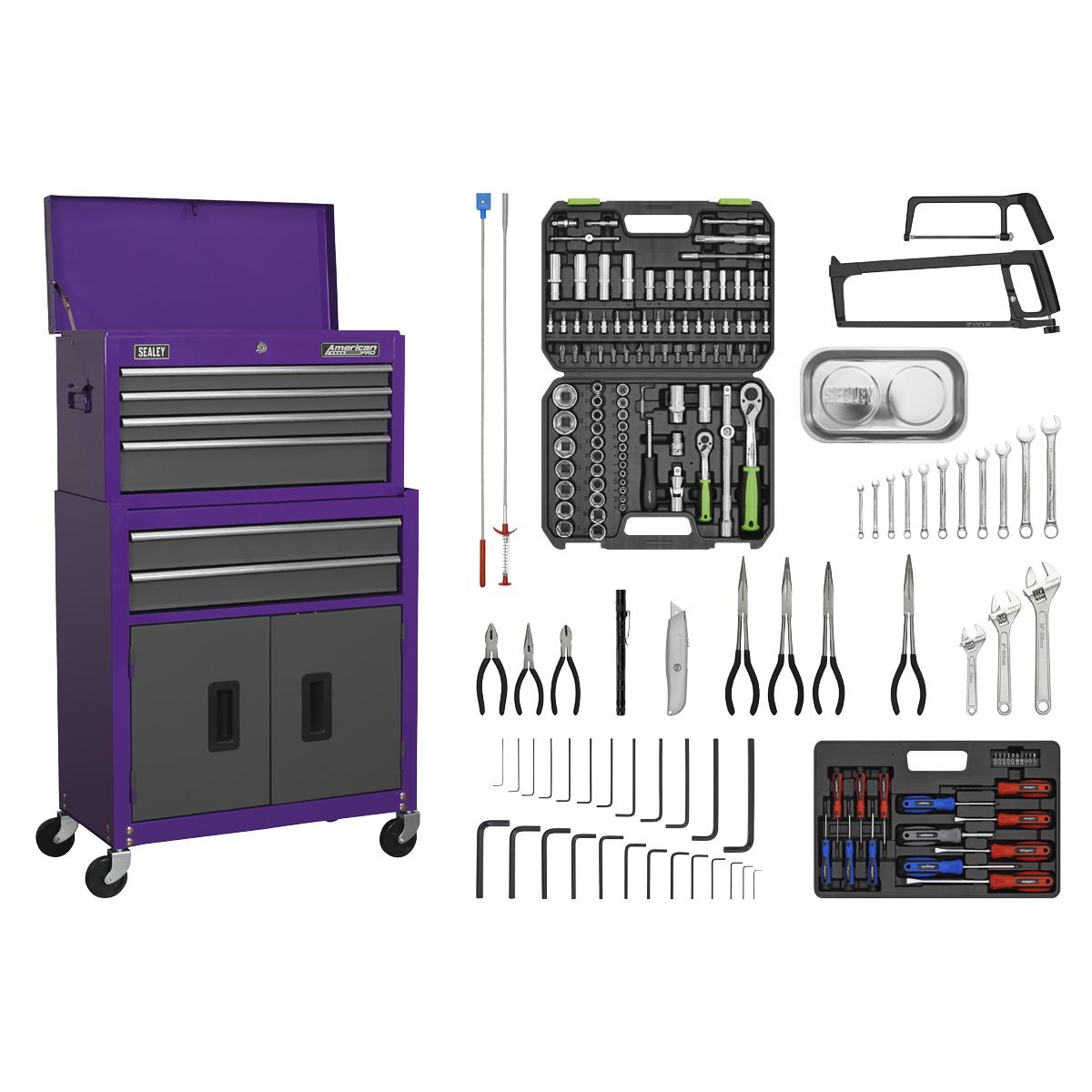 Sealey American PRO Topchest & Rollcab Combination 6 Drawer with 170pc Tool Kit - Purple/Grey - Image 1