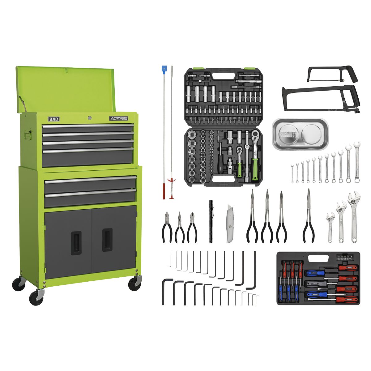 Sealey American PRO Topchest & Rollcab Combination 6 Drawer with 170pc Tool Kit - Green/Grey - Image 1