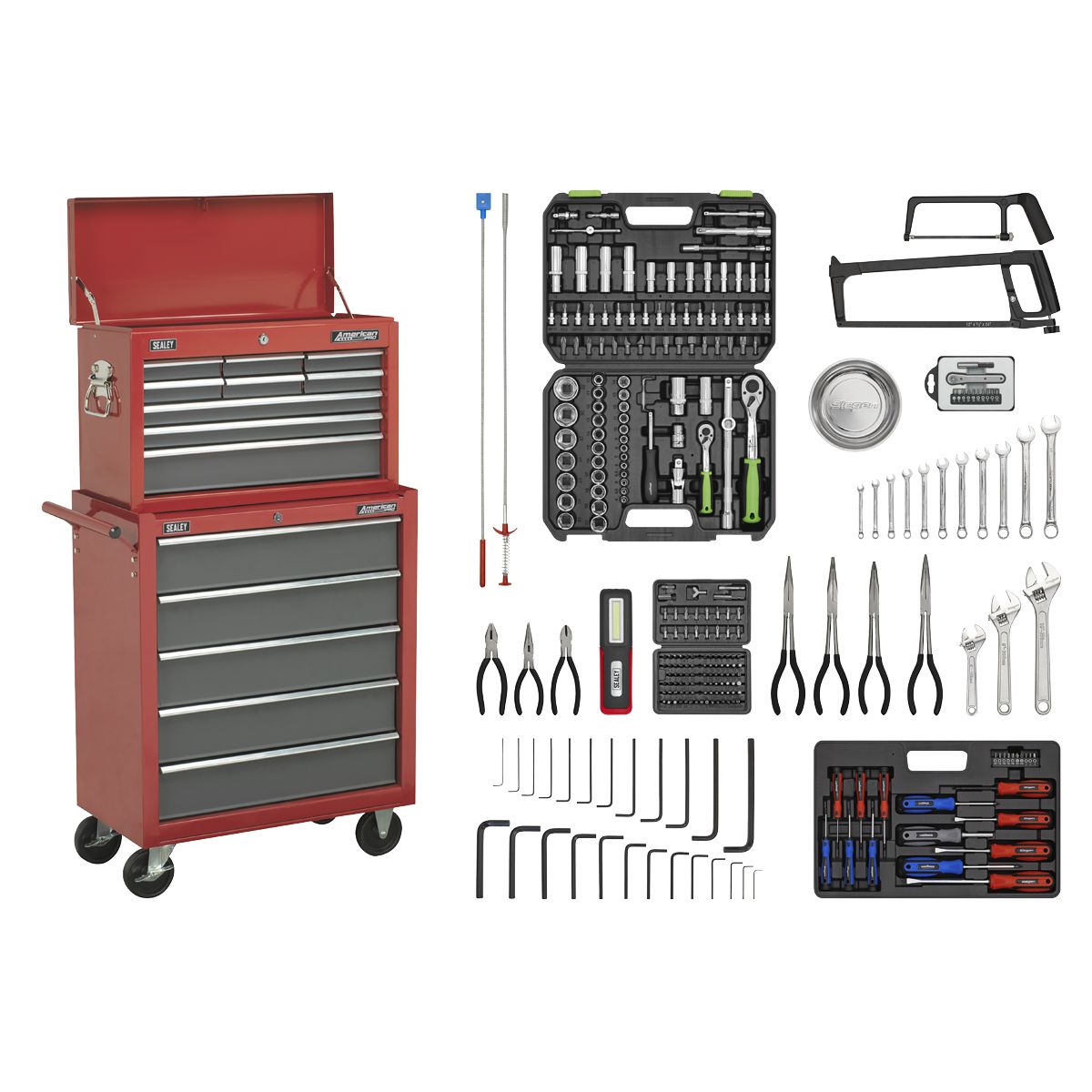 Sealey American PRO Topchest & Rollcab Combination 14 Drawer with 281pc Tool Kit - Red/Grey - Image 1