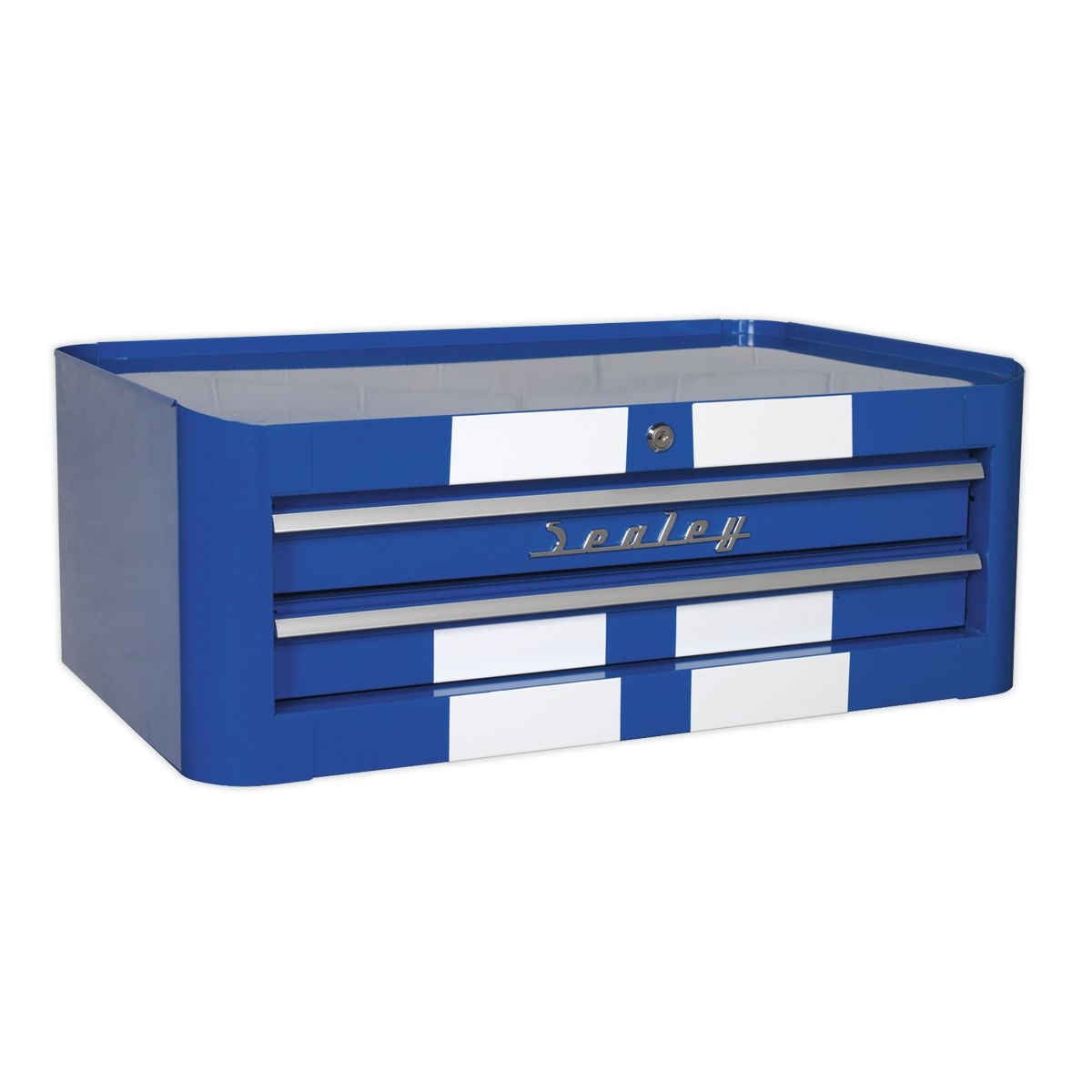 Sealey Premier Retro Style Mid-Box Tool Chest 2 Drawer - Blue with White Stripes - Image 1