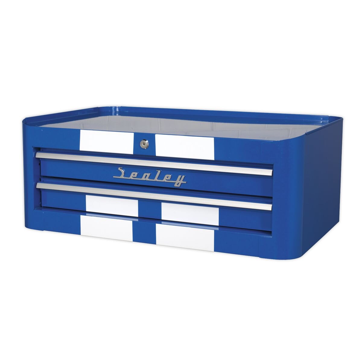 Sealey Premier Retro Style Mid-Box Tool Chest 2 Drawer - Blue with White Stripes - Image 2