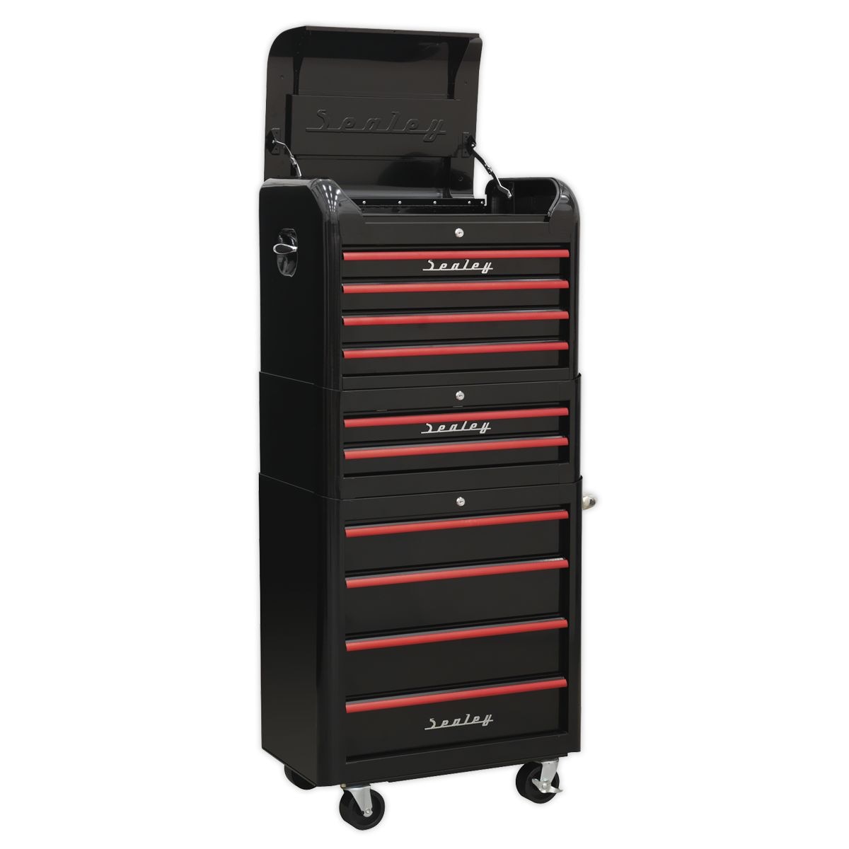 Sealey Premier Retro Style Topchest, Mid-Box Tool Chest 10 Drawer - Black with Red Drawer Pulls - Image 1