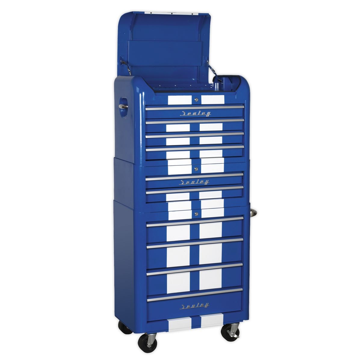 Sealey Premier Retro Style Topchest, Mid-Box Tool Chest 10 Drawer - Blue with White Stripes - Image 1