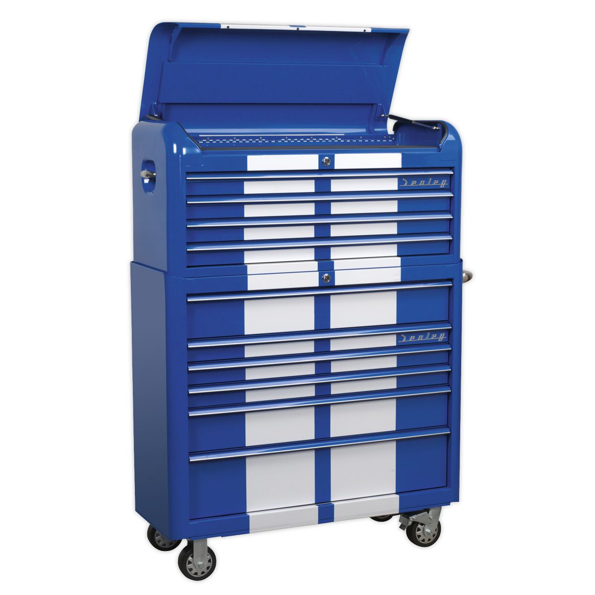 Sealey Premier Retro Style Wide Topchest & Rollcab Combination 10 Drawer Blue with White Stripes - Image 1