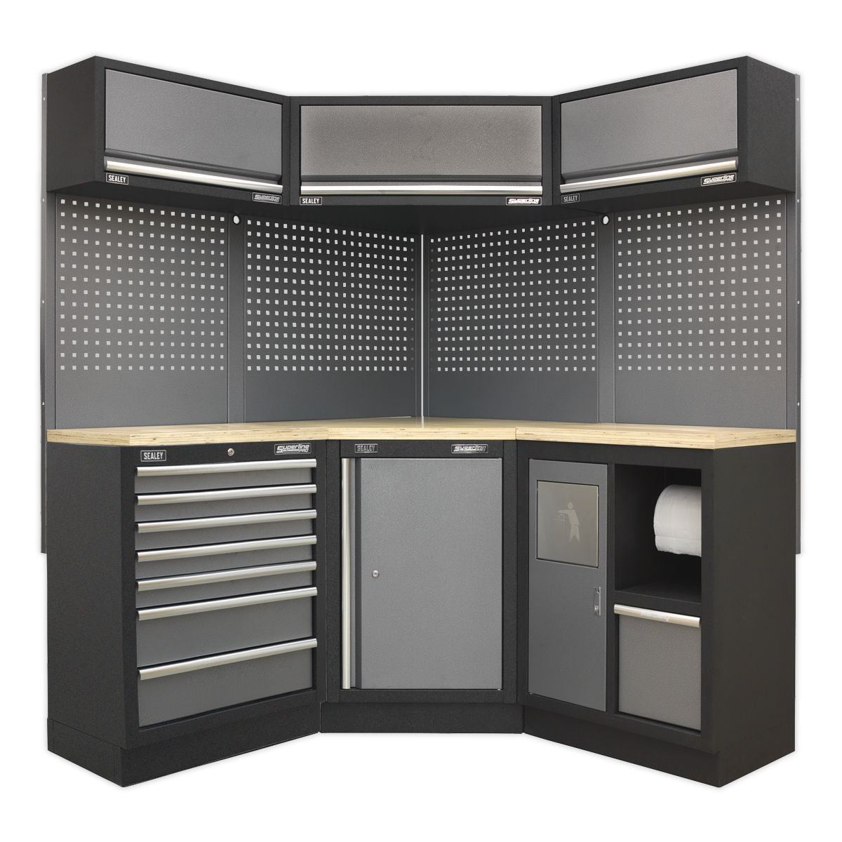 Sealey Superline PRO Corner Storage System with Wood Worktop 1.6m - Image 1