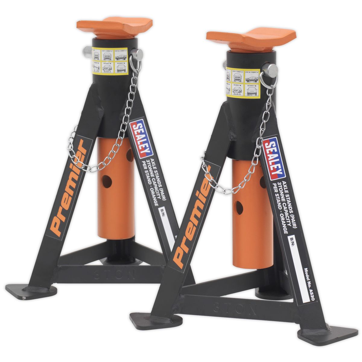 Sealey Premier Axle Stands (Pair) 3 Tonne Capacity per Stand - Orange - Image 2